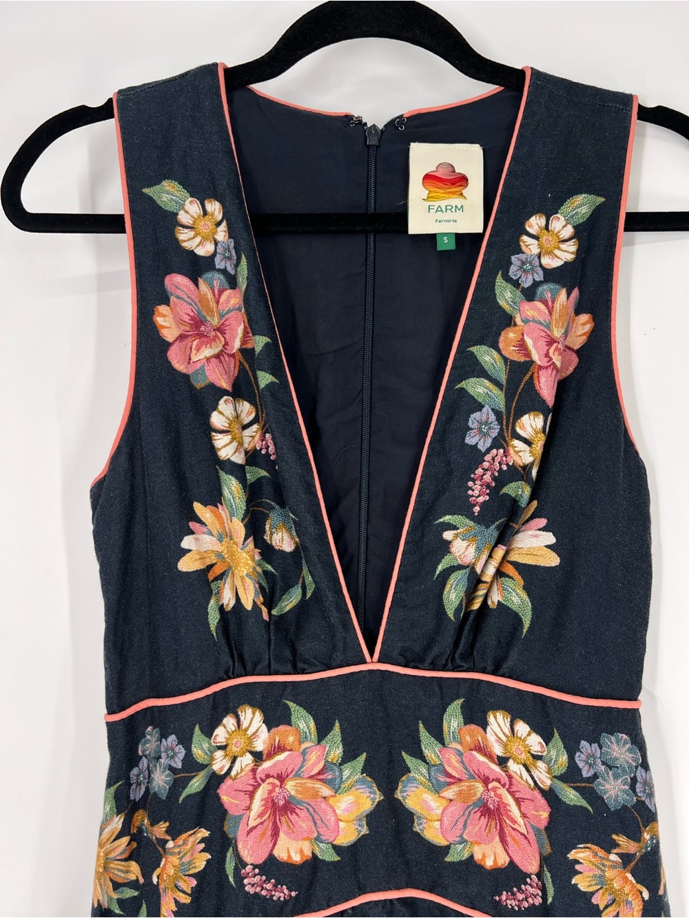 Farm Rio Linen Navy Floral Drop Waist Sleeveless Scalloped V Neck Midi Dress S - Picture 5 of 10